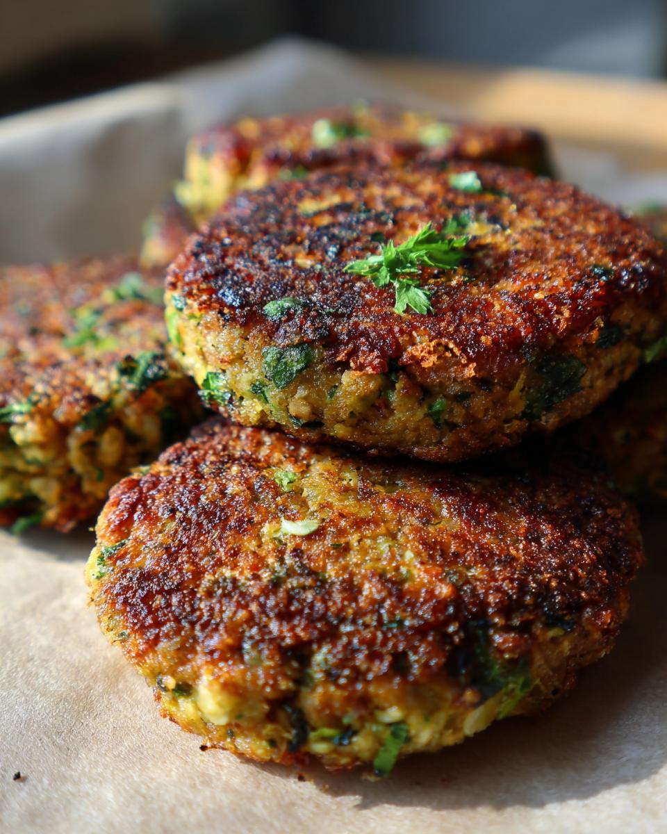 A stack of golden-brown Gemüsefrikadellen (vegetable patties) garnished with fresh parsley.
