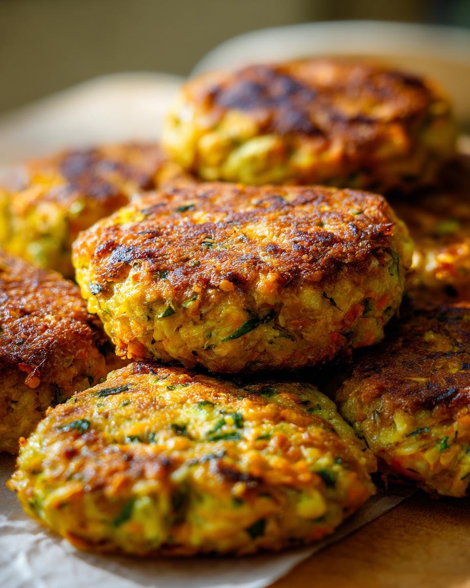 A stack of golden-brown Gemüsefrikadellen (German vegetable patties) on parchment paper.