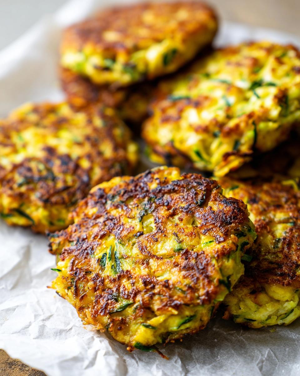 A stack of golden-brown Gemüsefrikadellen (vegetable fritters) on parchment paper.
