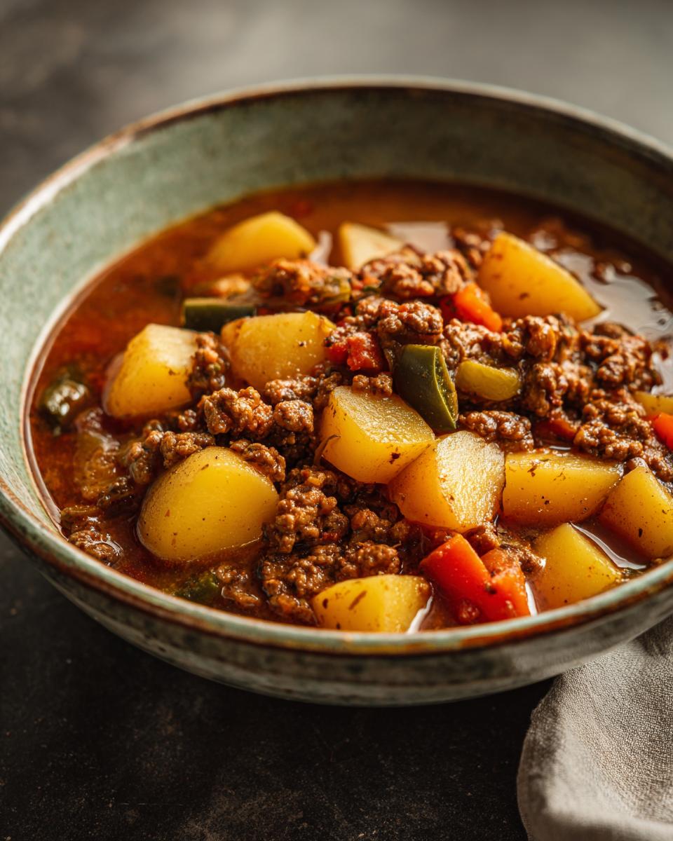 Close-up of German Bauerntopf featuring potatoes, ground meat, and vegetables in a rustic bowl.