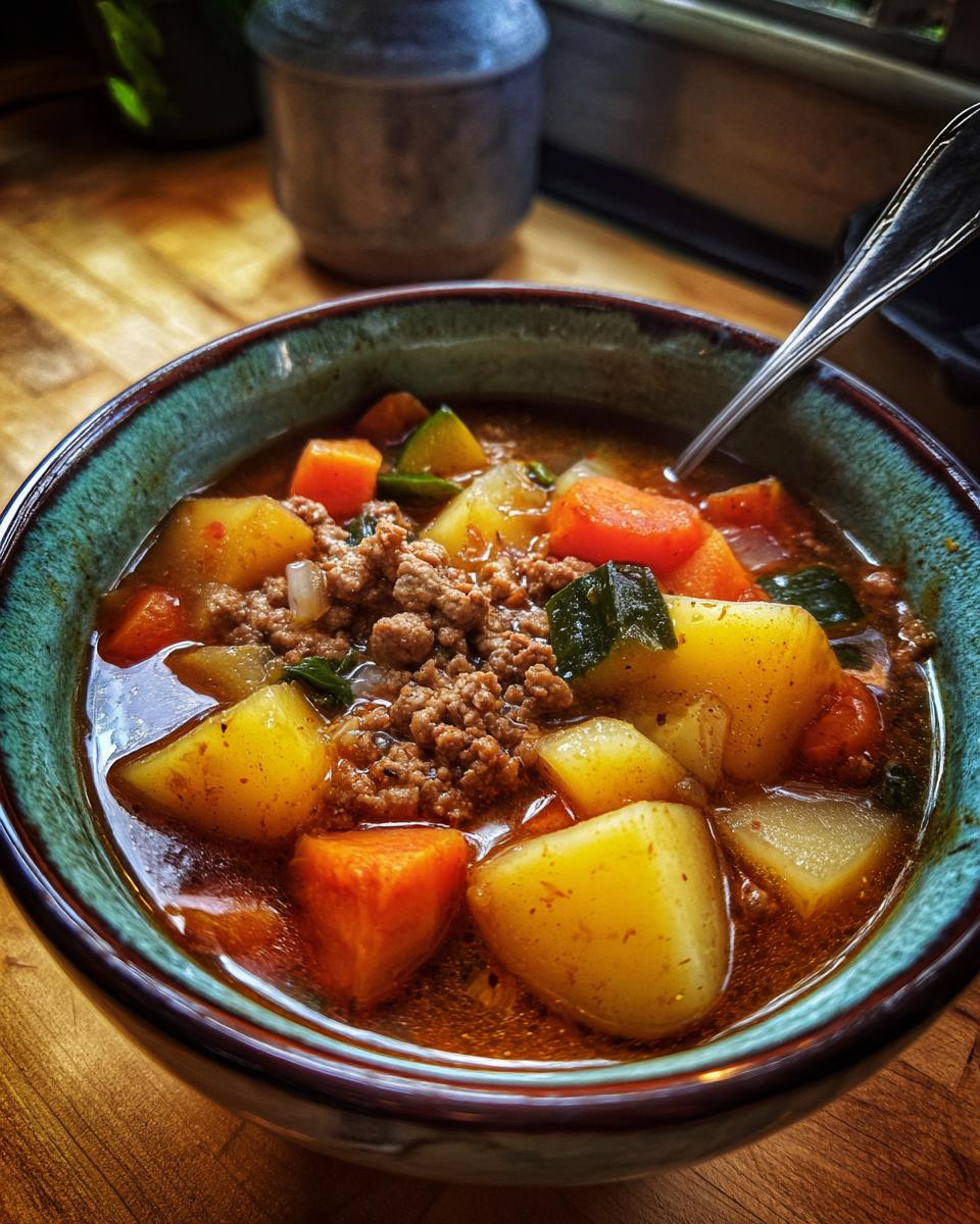 Close-up of a bowl of Bauerntopf, a German stew with potatoes, carrots, zucchini, and ground meat.