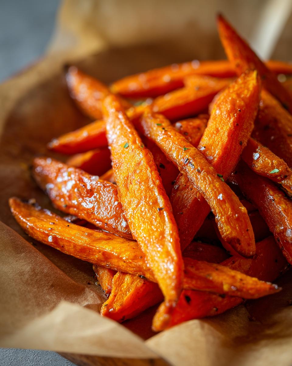 Close-up of delicious, glazed Geröstete Karotten aus dem Airfryer, seasoned with herbs and salt.