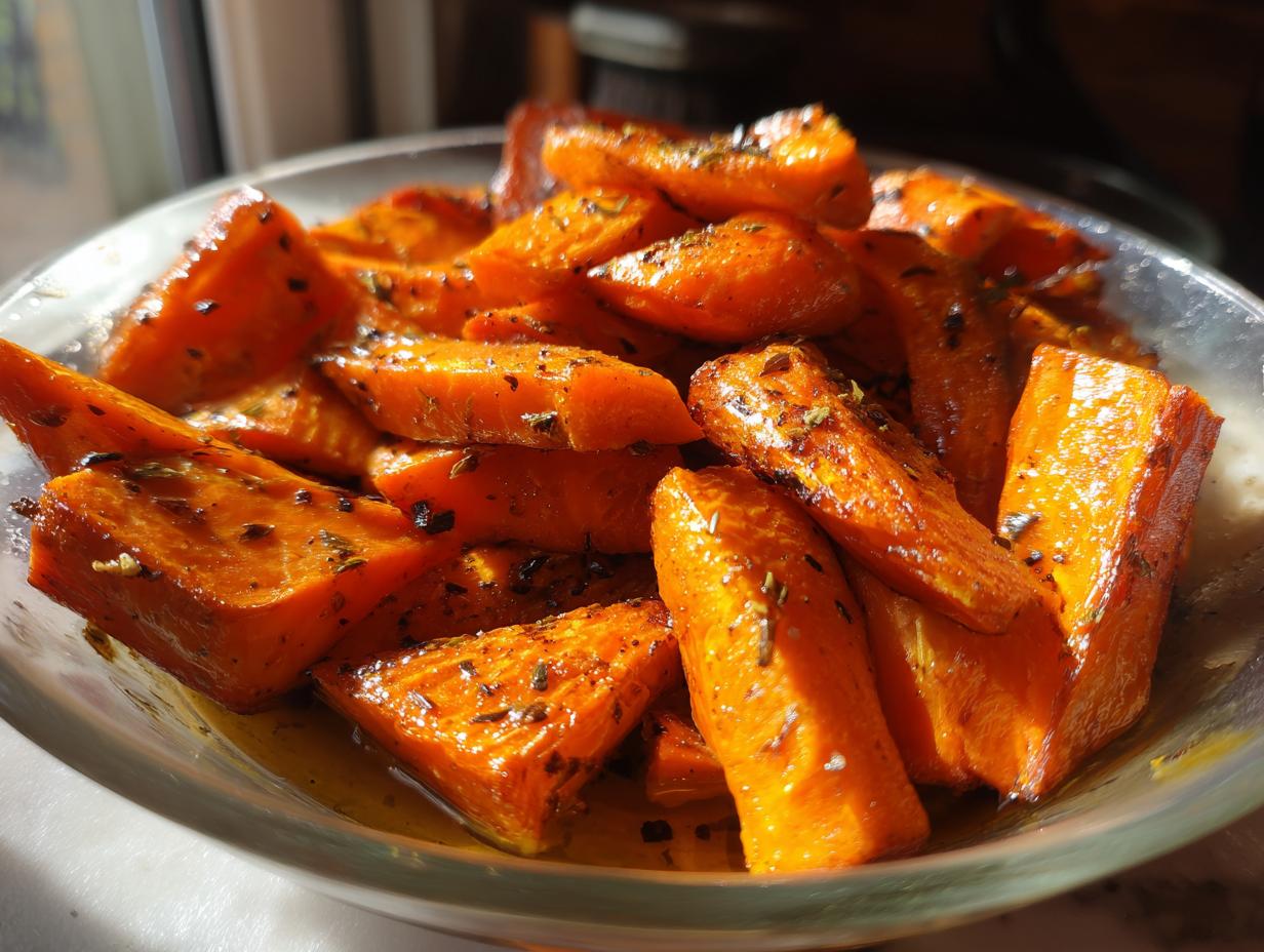 Nahaufnahme von Geröstete Karotten aus dem Airfryer, serviert in einer Glasschale, gewürzt mit Kräutern.