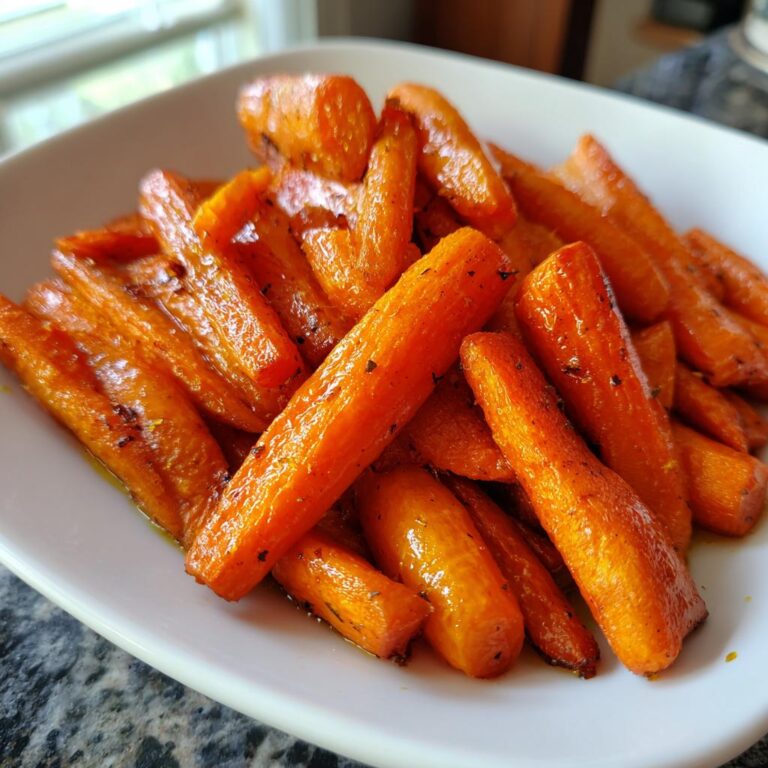 Close-up of bright orange Geröstete Karotten aus dem Airfryer in a white dish.