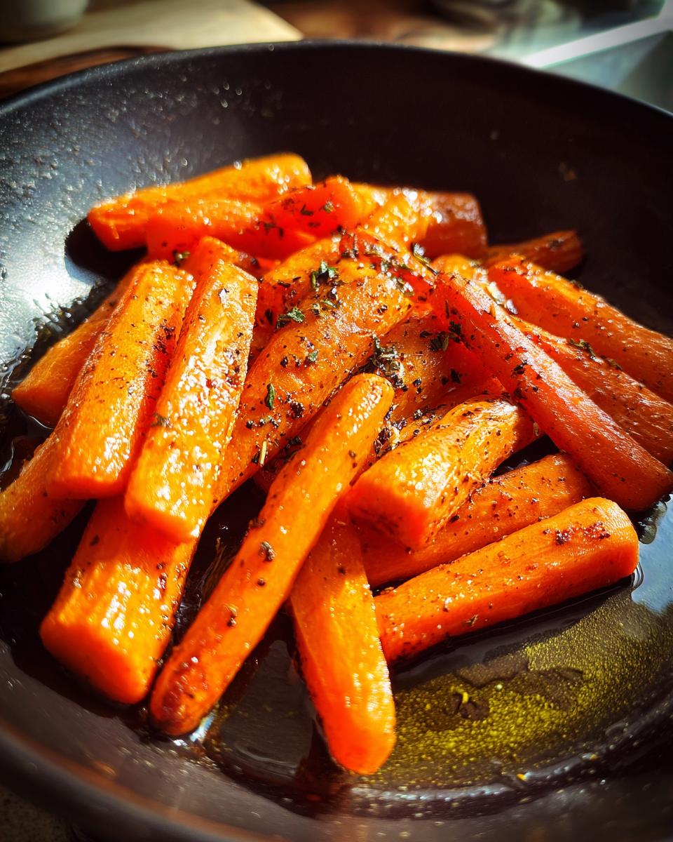 Nahaufnahme von Geröstete Karotten aus dem Airfryer, serviert in einer dunklen Schale und mit Kräutern bestreut.