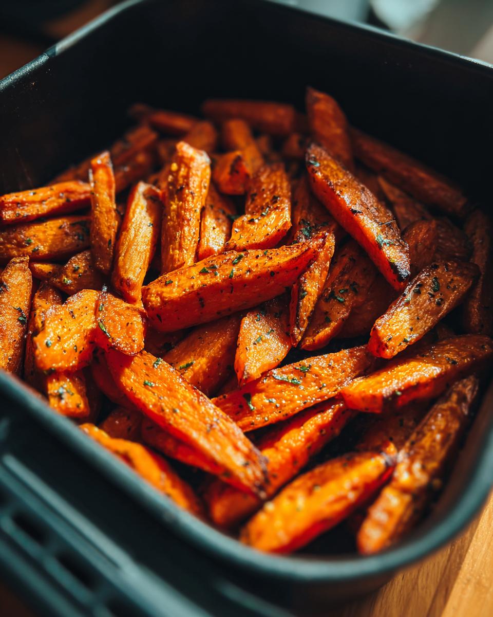 Nahaufnahme von Geröstete Karotten aus dem Airfryer, serviert in einer schwarzen Schale.