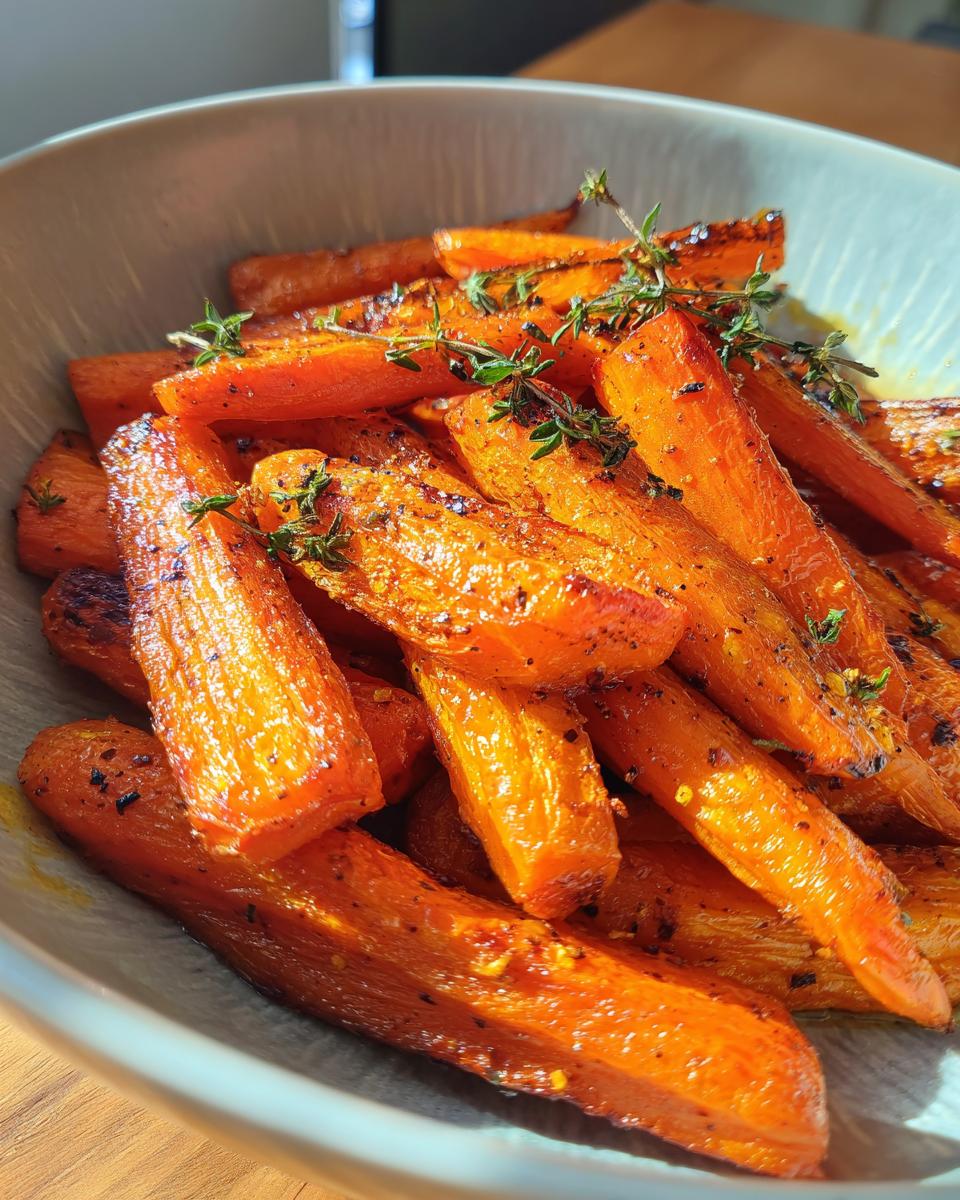 Nahaufnahme von Geröstete Karotten aus dem Airfryer, garniert mit frischem Thymian in einer Schüssel.