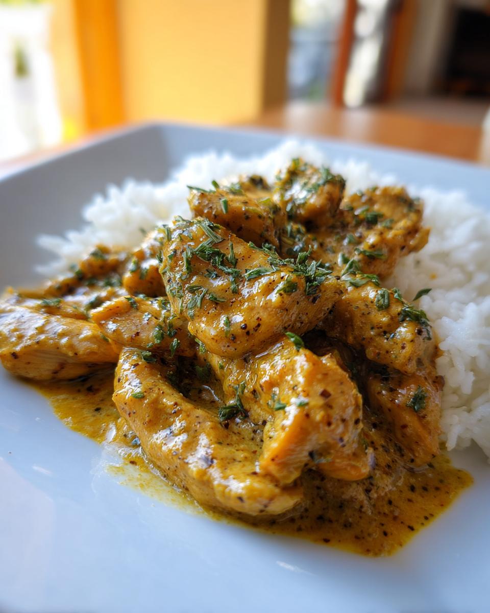 Close-up of Geschnetzeltes in cremiger Currysauce served over white rice, garnished with herbs.