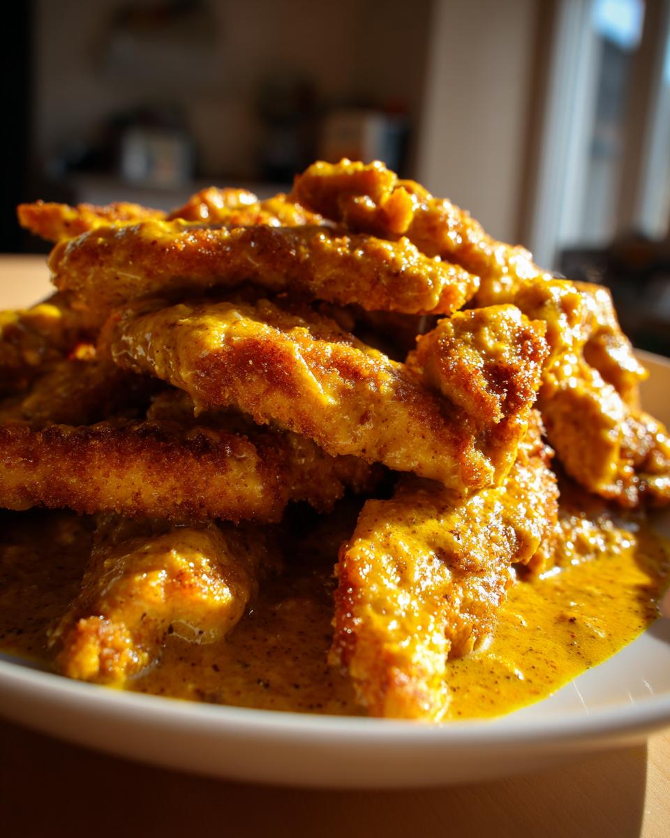 Close-up of Geschnetzeltes in cremiger Currysauce, featuring tender meat strips coated in a rich, creamy curry sauce.