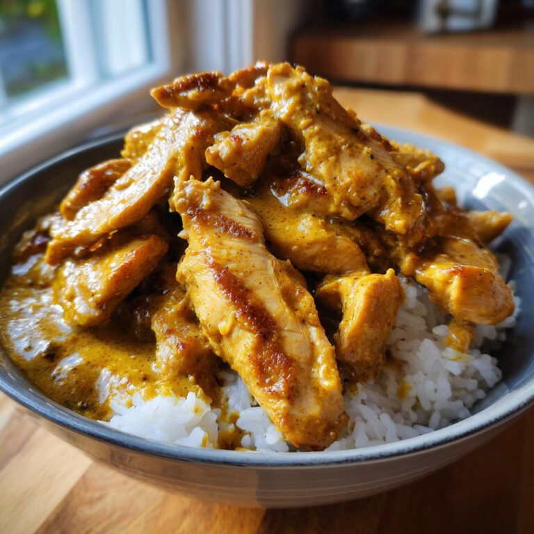 A bowl of Geschnetzeltes in cremiger Currysauce served over white rice.