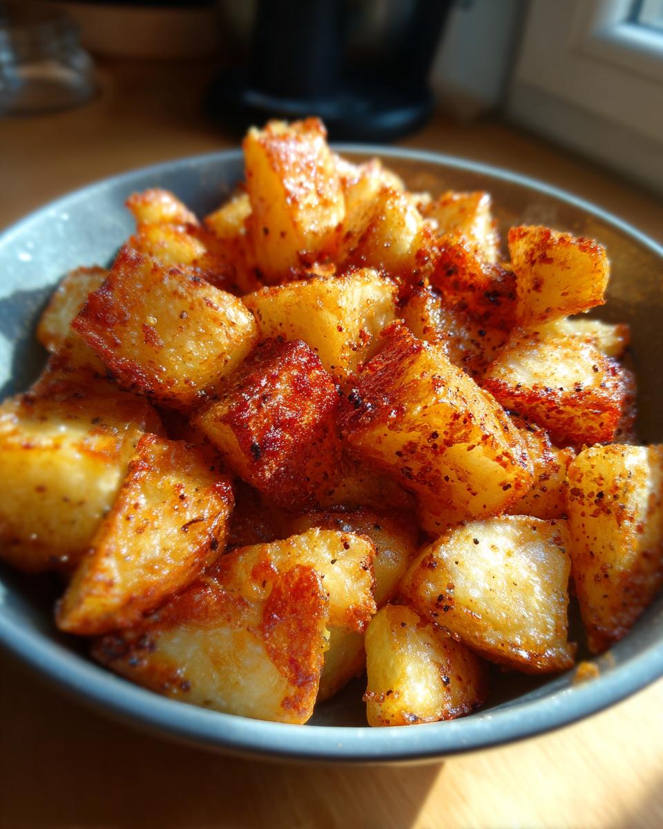 Close-up of Gesunde Bratkartoffeln aus der Heißluftfritteuse in a bowl, golden brown and crispy.