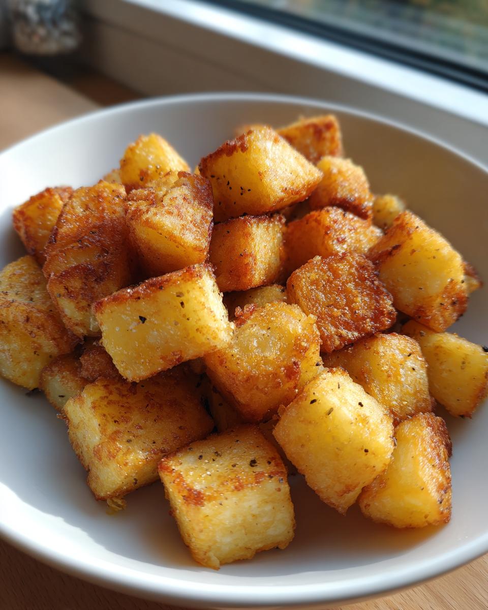 Close-up of Gesunde Bratkartoffeln aus der Heißluftfritteuse in a white bowl, showing golden-brown, crispy potatoes.