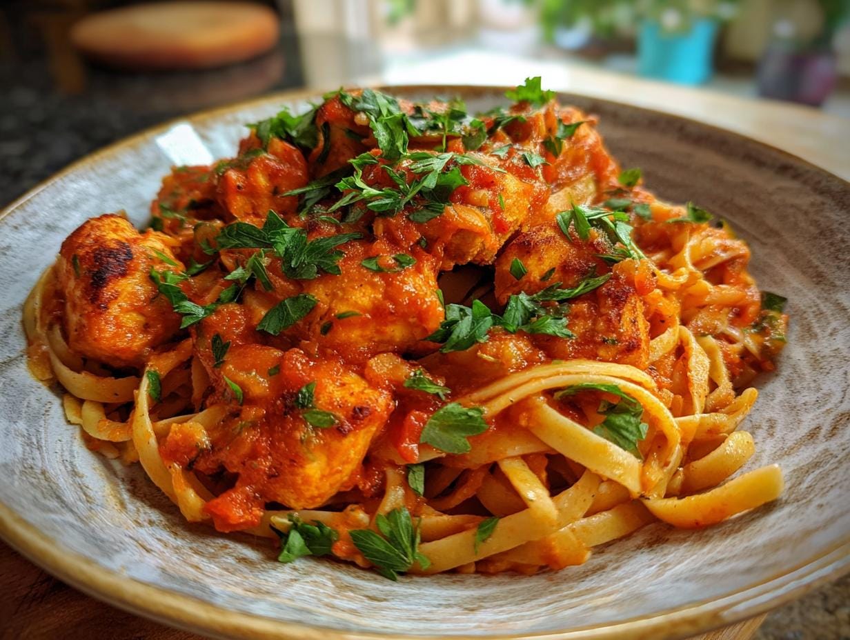 Chicken pasta with tomato sauce, a quick and easy recipe for GESUNDE GERICHTE, garnished with fresh parsley.