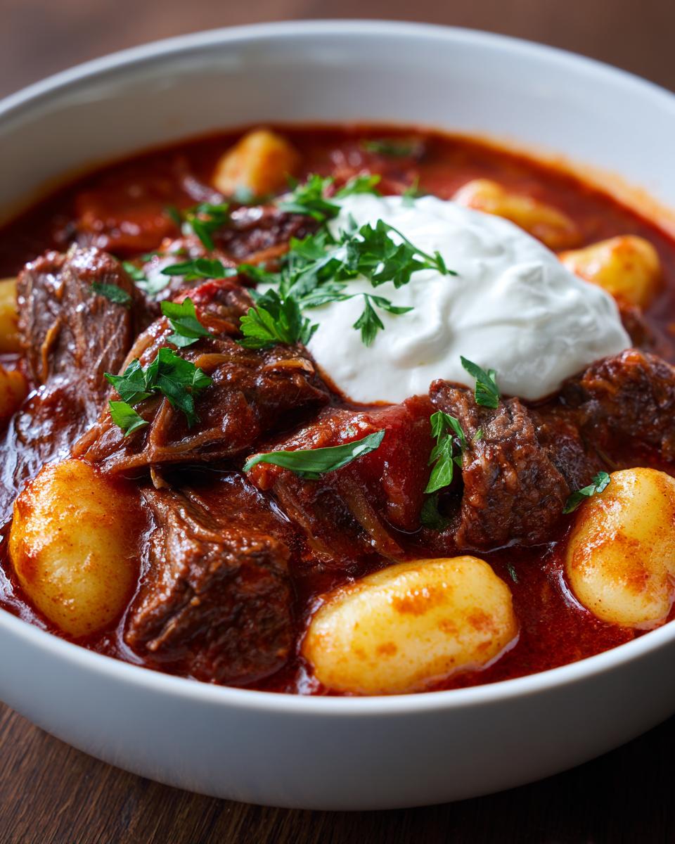 Close-up of Köstliches Herbstrezept für Gnocchi-Gulasch in a bowl, topped with sour cream and parsley.