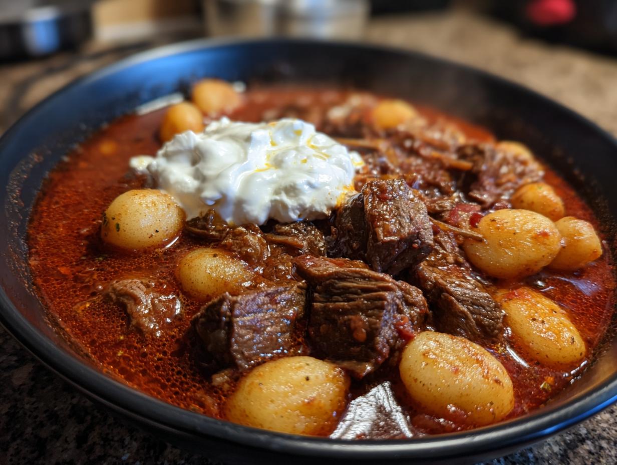 Nahaufnahme von Köstliches Herbstrezept für Gnocchi-Gulasch, serviert in einer Schüssel mit einem Klecks Sauerrahm.