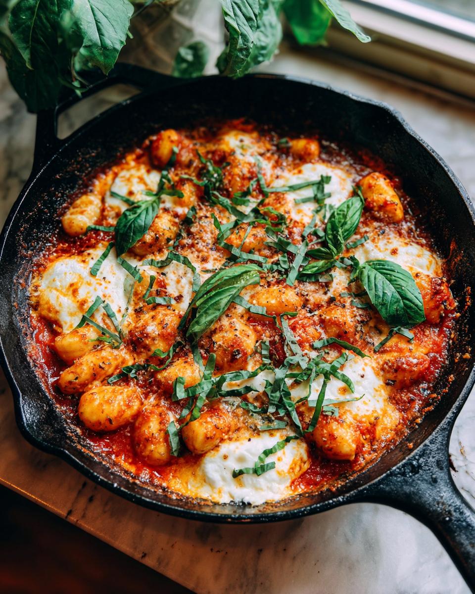 Gnocchi Pfanne mit Tomate, Mozzarella, Basilikum in einer schwarzen Pfanne. Draufsicht.