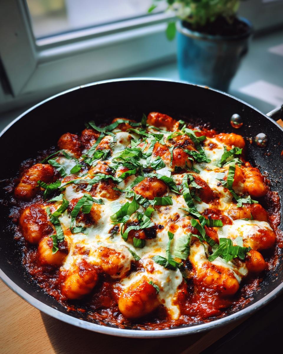 Overhead shot of Gnocchi Pfanne mit Tomate, Mozzarella in a skillet, garnished with fresh basil.