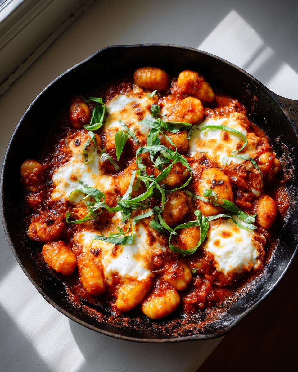Gnocchi Pfanne mit Tomate, Mozzarella, Basilikum in einer schwarzen Pfanne serviert.
