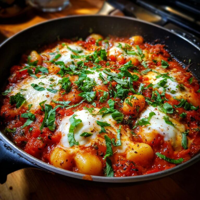 Close-up of Gnocchi Pfanne mit Tomate, Mozzarella und Basilikum in a pan, garnished with fresh basil.