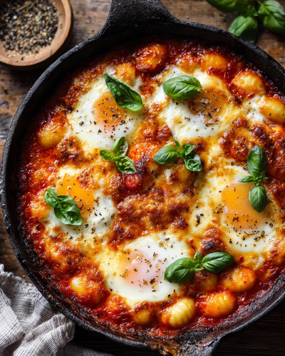 Overhead shot of Gnocchi Pfanne mit Tomate, Mozzarella und Basilikum in a skillet, garnished with basil.