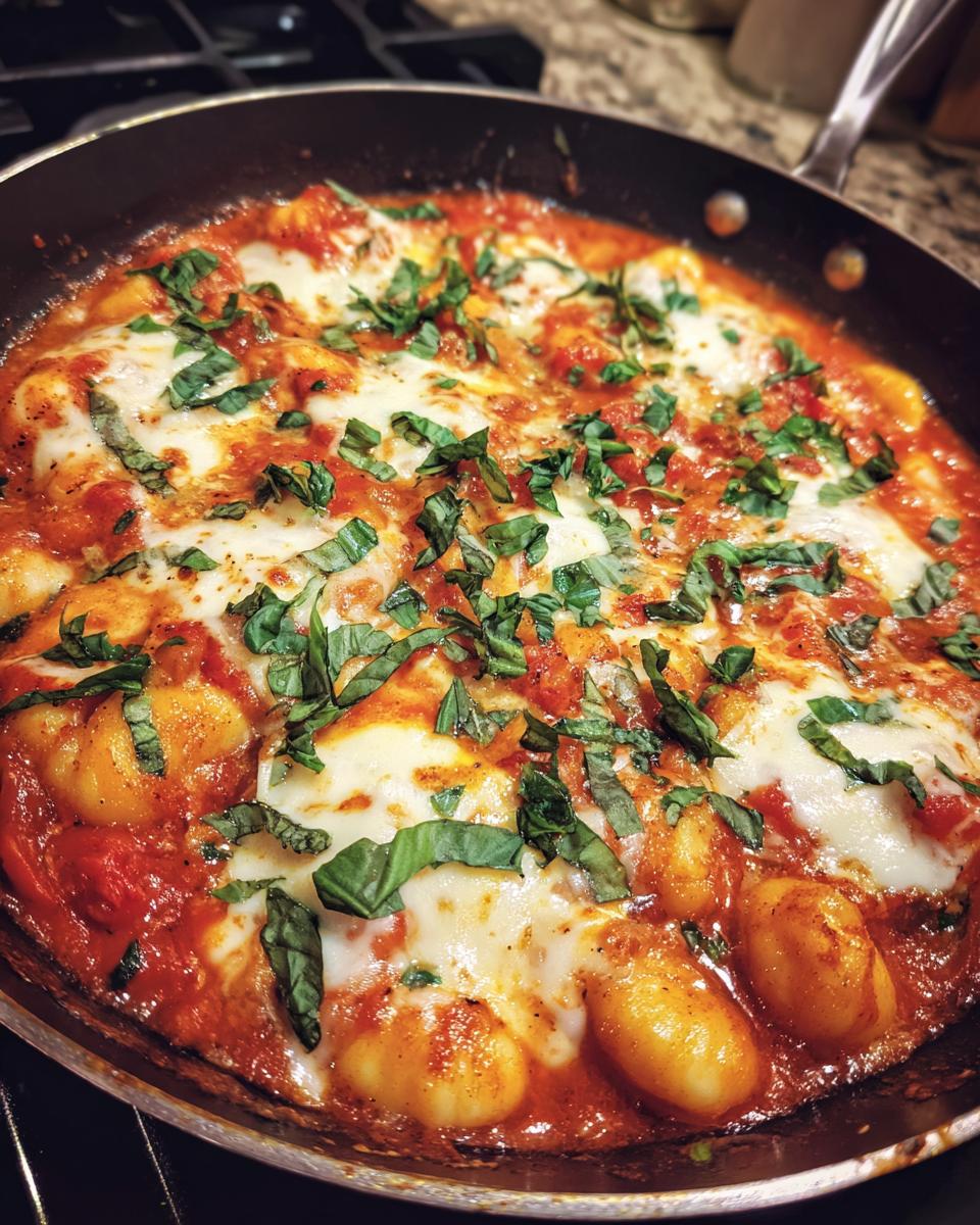 Gnocchi Pfanne mit Tomate, Mozzarella und Basilikum in einer Pfanne serviert, garniert mit frischem Basilikum.