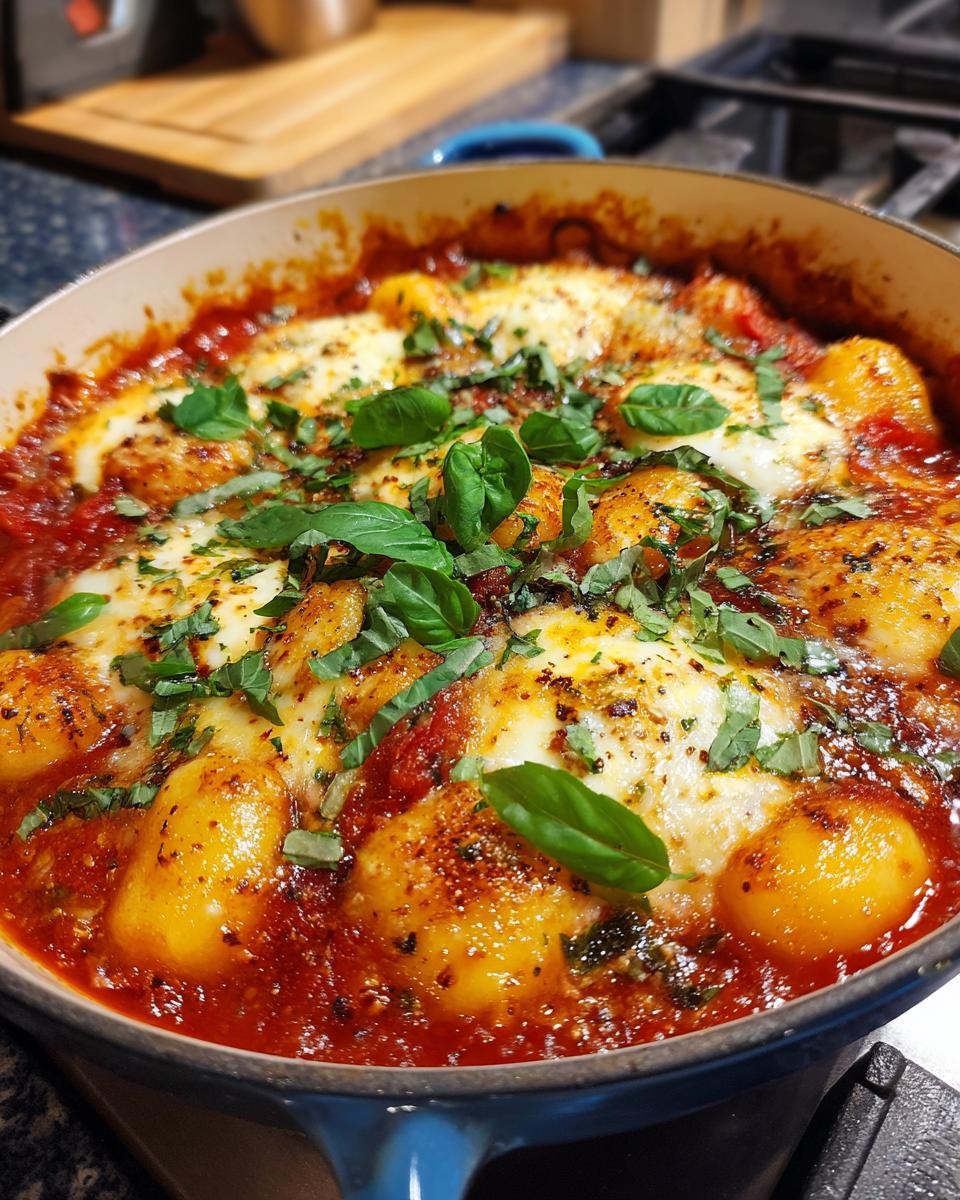 Close-up of Gnocchi Pfanne mit Tomate, Mozzarella und Basilikum in a blue pan, topped with fresh basil.