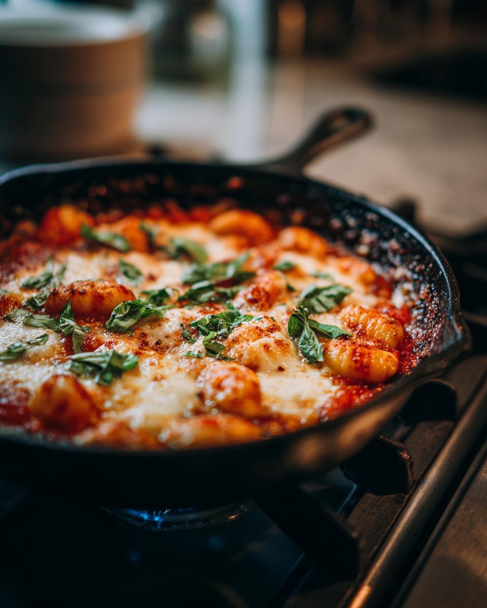 Gnocchi Pfanne mit Tomate, Mozzarella und Basilikum in a cast iron skillet, garnished with fresh basil.