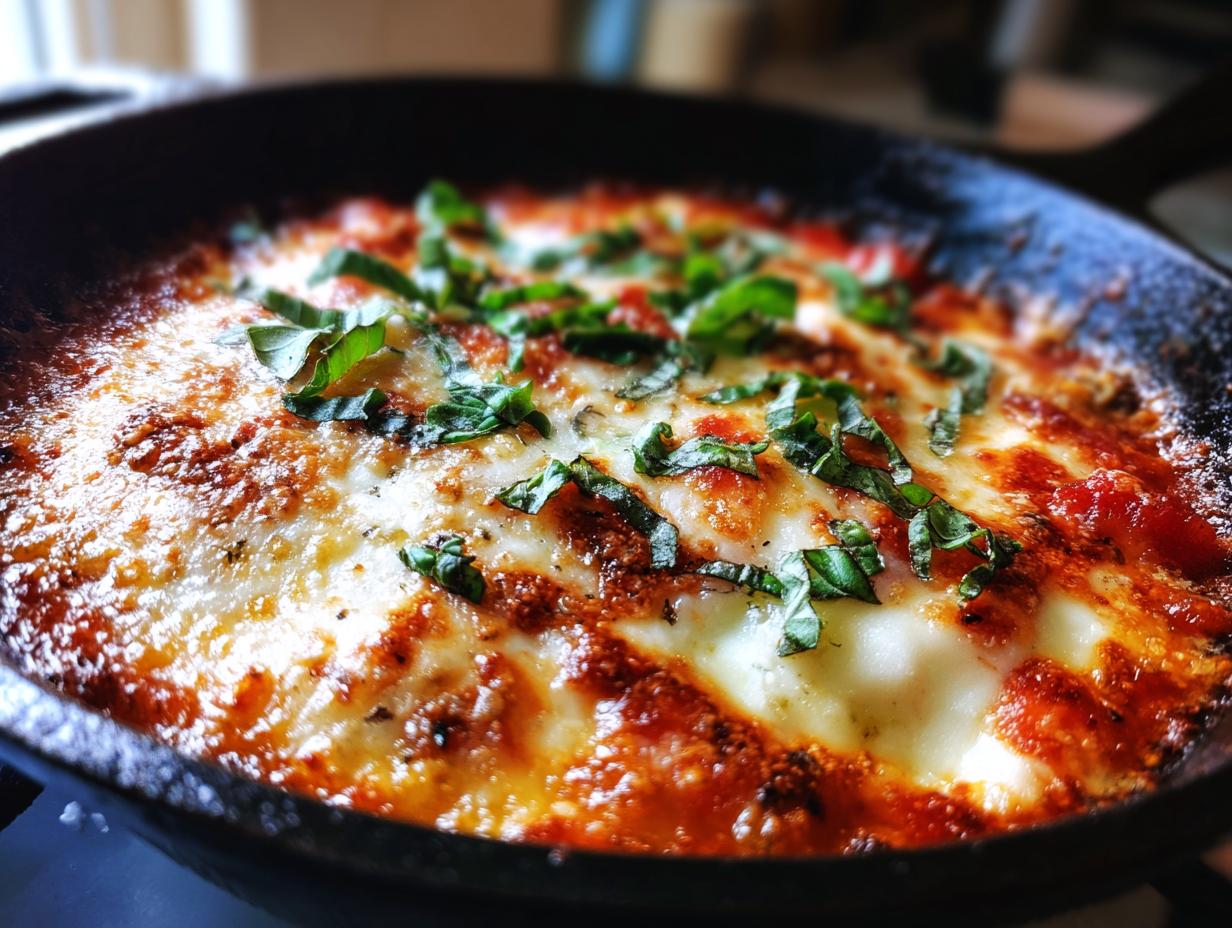Close-up of Gnocchi Pfanne mit Tomate, Mozzarella und Basilikum in a skillet, topped with fresh basil.