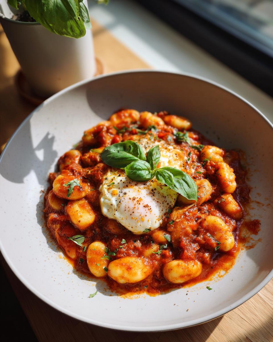 Gnocchi Pfanne mit Tomate, Mozzarella, und Spiegelei, garniert mit Basilikum in einer Schüssel.