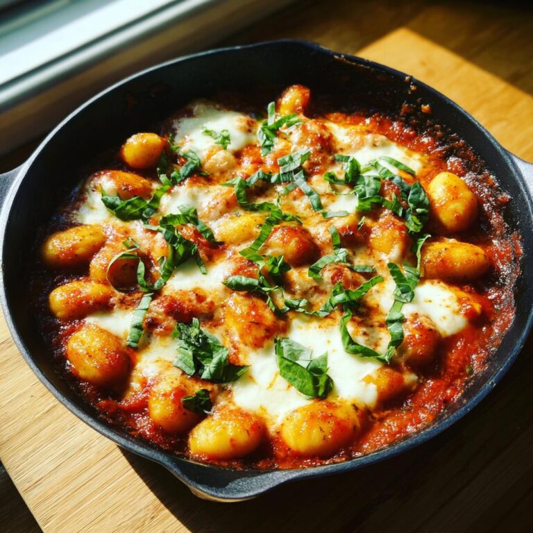 Close-up of Gnocchi Pfanne mit Tomate, Mozzarella in a cast iron pan, garnished with fresh basil.