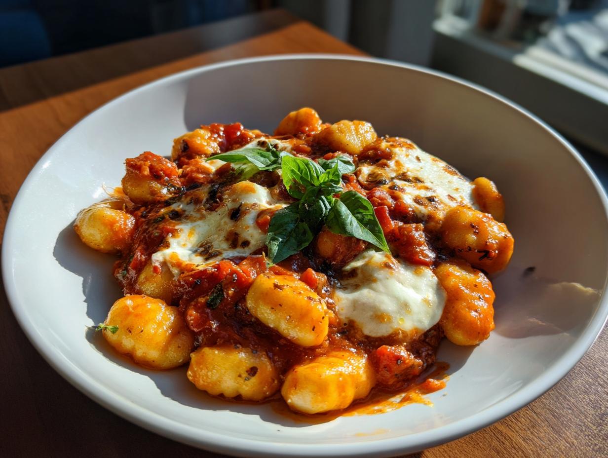 Close-up of Gnocchi Pfanne mit Tomate, Mozzarella in a white bowl, garnished with basil.