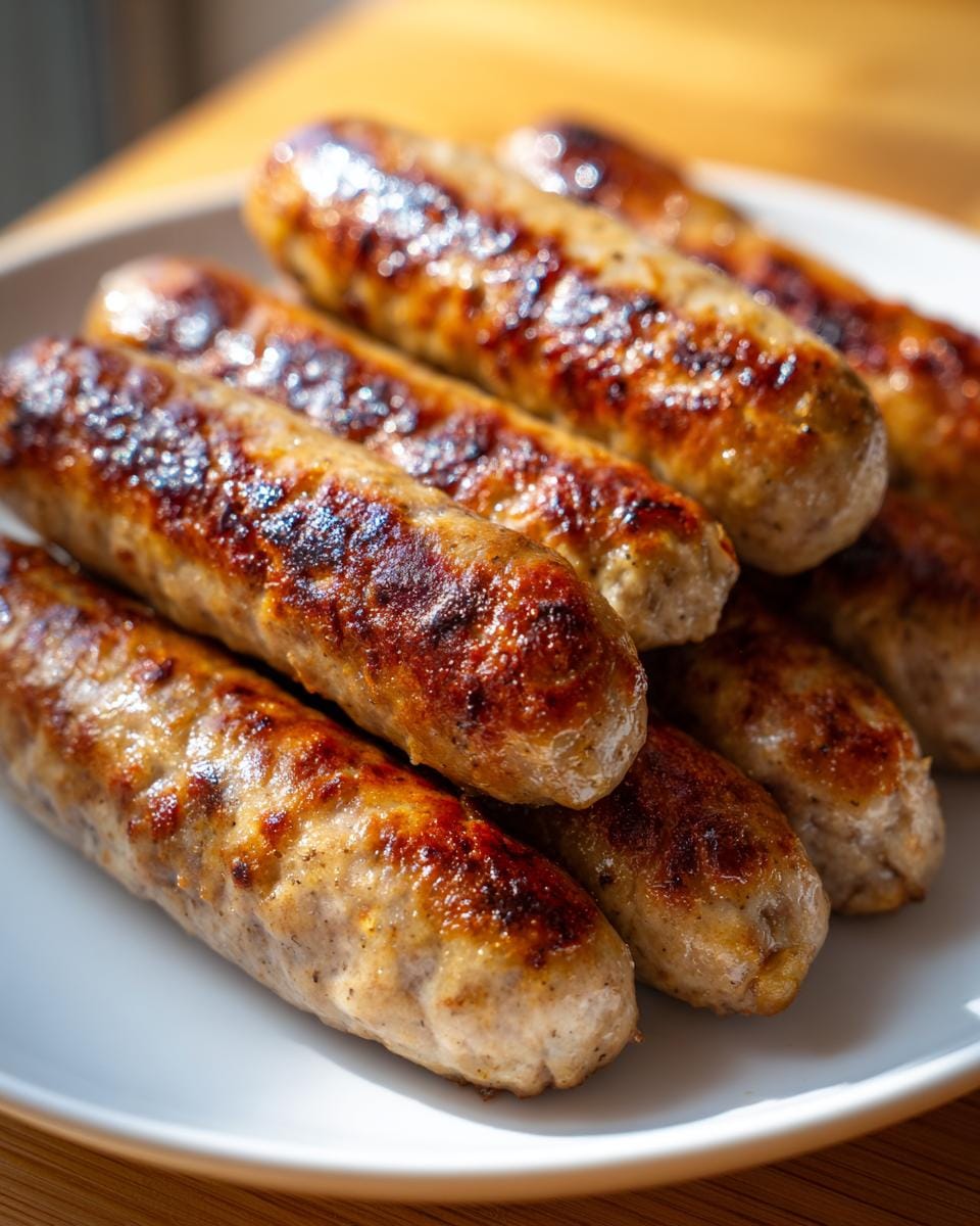 Close-up of grilled Cevapcici - Das Original ganz einfach, stacked on a white plate.