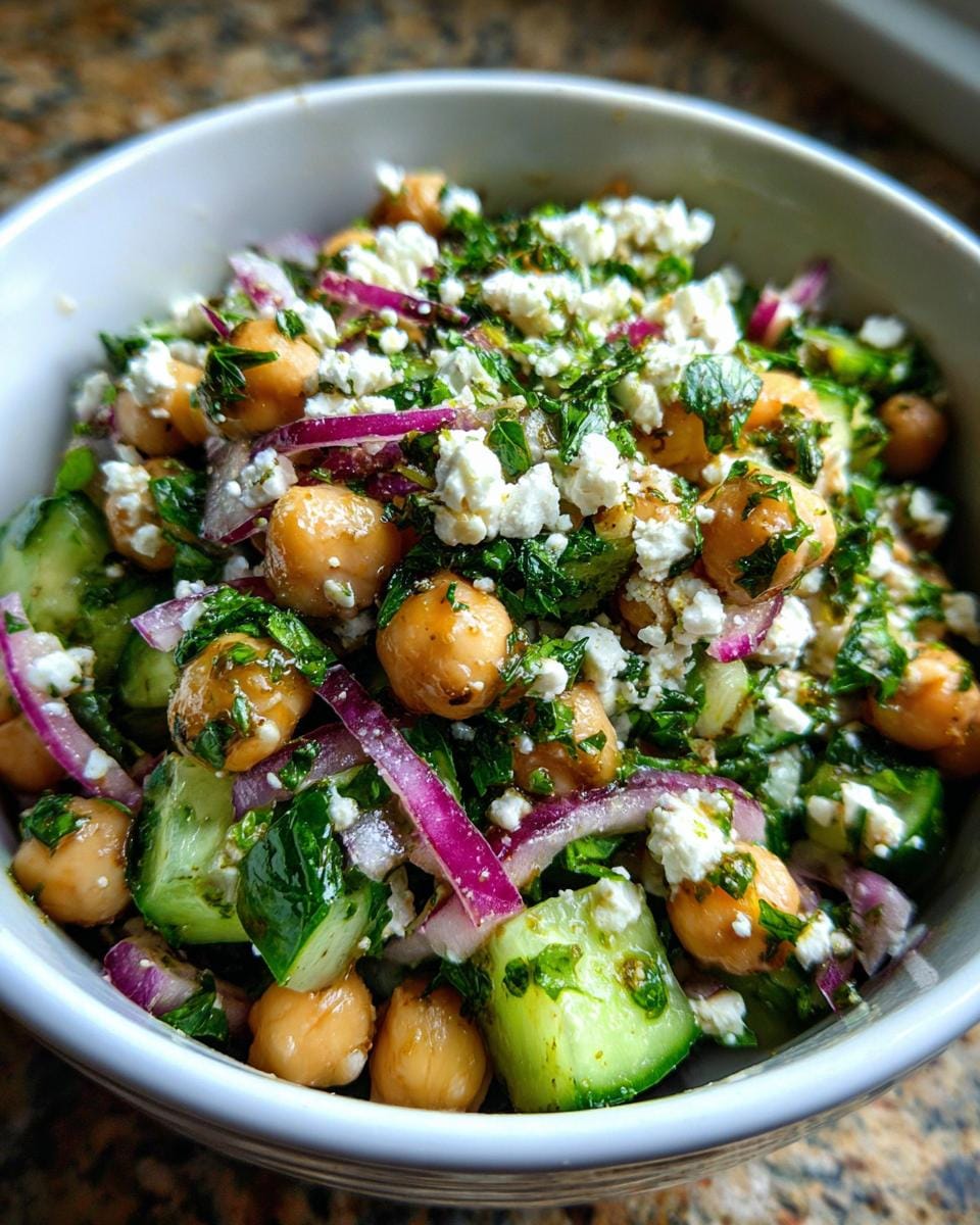 A bowl of Gurkensalat mit Feta & Kichererbsen, a German cucumber salad with feta, chickpeas, and red onion.