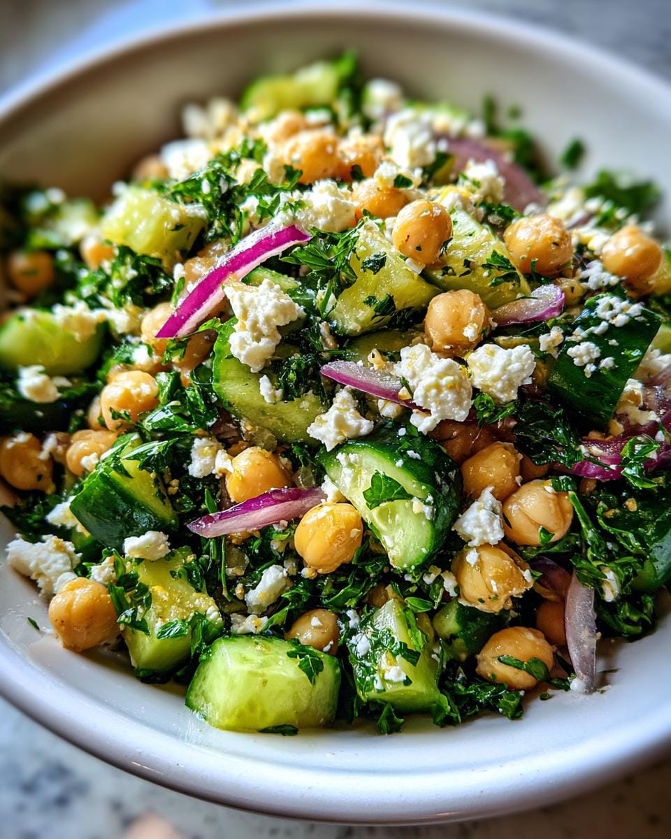 Close-up of Gurkensalat mit Feta & Kichererbsen in a bowl, featuring cucumbers, feta cheese, and chickpeas.