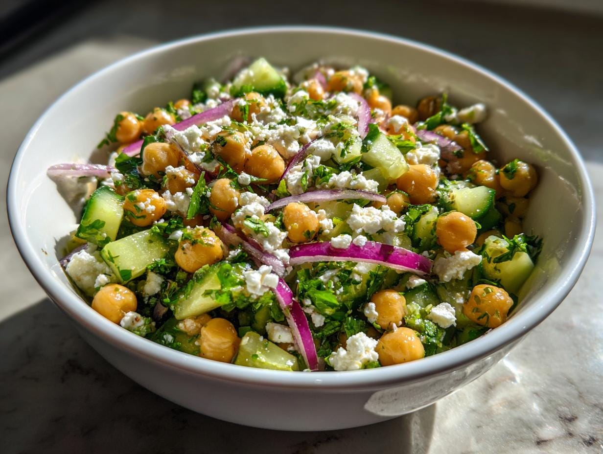 Bowl of Gurkensalat mit Feta & Kichererbsen: cucumber salad with feta, chickpeas, and red onion.