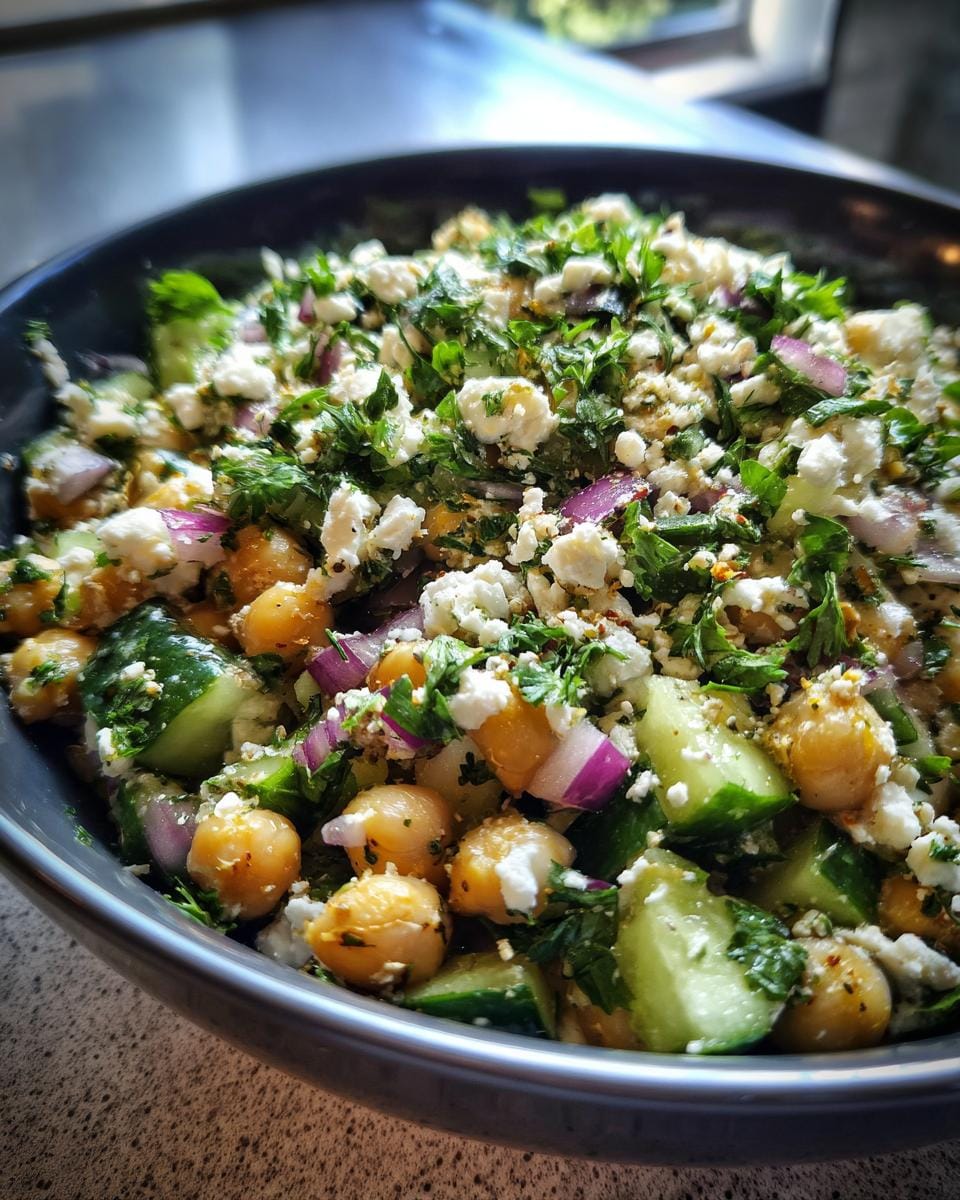 Close-up of Gurkensalat mit Feta & Kichererbsen, showing cucumbers, feta, chickpeas, and red onion.
