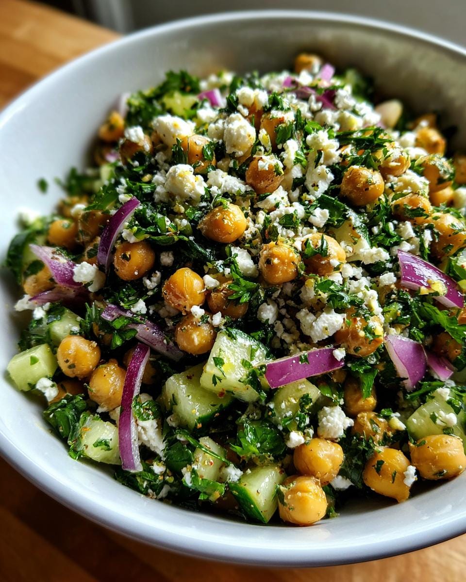 Close-up of Gurkensalat mit Feta & Kichererbsen, a German cucumber salad with feta, chickpeas, red onion and herbs.