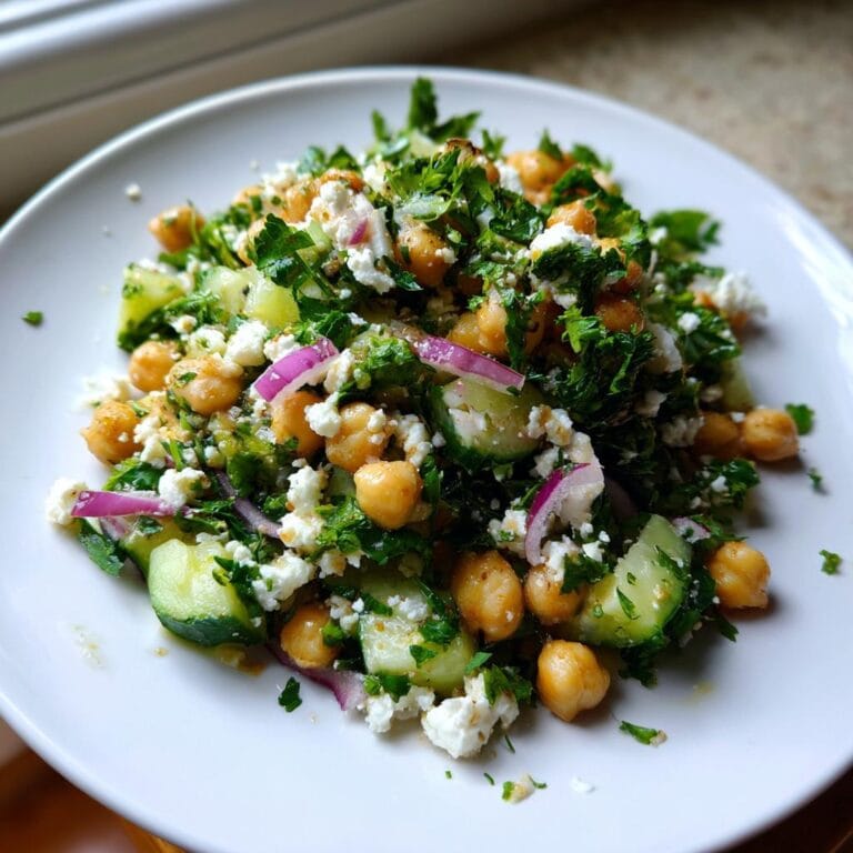 A plate of Gurkensalat mit Feta & Kichererbsen, featuring cucumbers, feta cheese, and chickpeas.