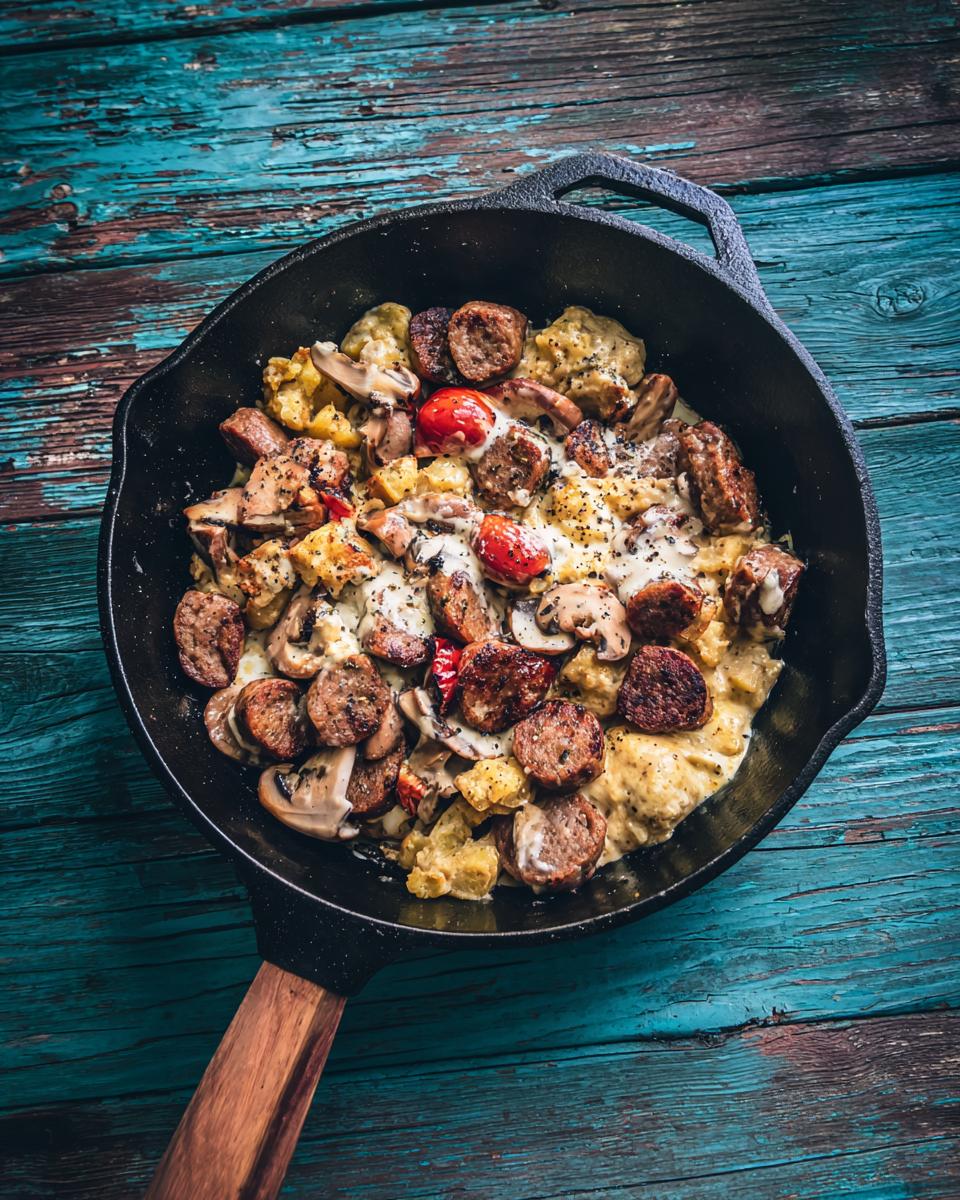 Top-down view of Gyros-Pfanne mit Frischkäse, featuring sausage, mushrooms, and cheese in a cast iron skillet.