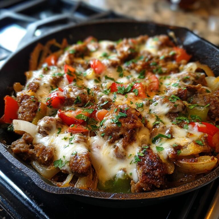 Gyros-Pfanne mit Frischkäse, Paprika, Zwiebeln und Kräutern in einer gusseisernen Pfanne.