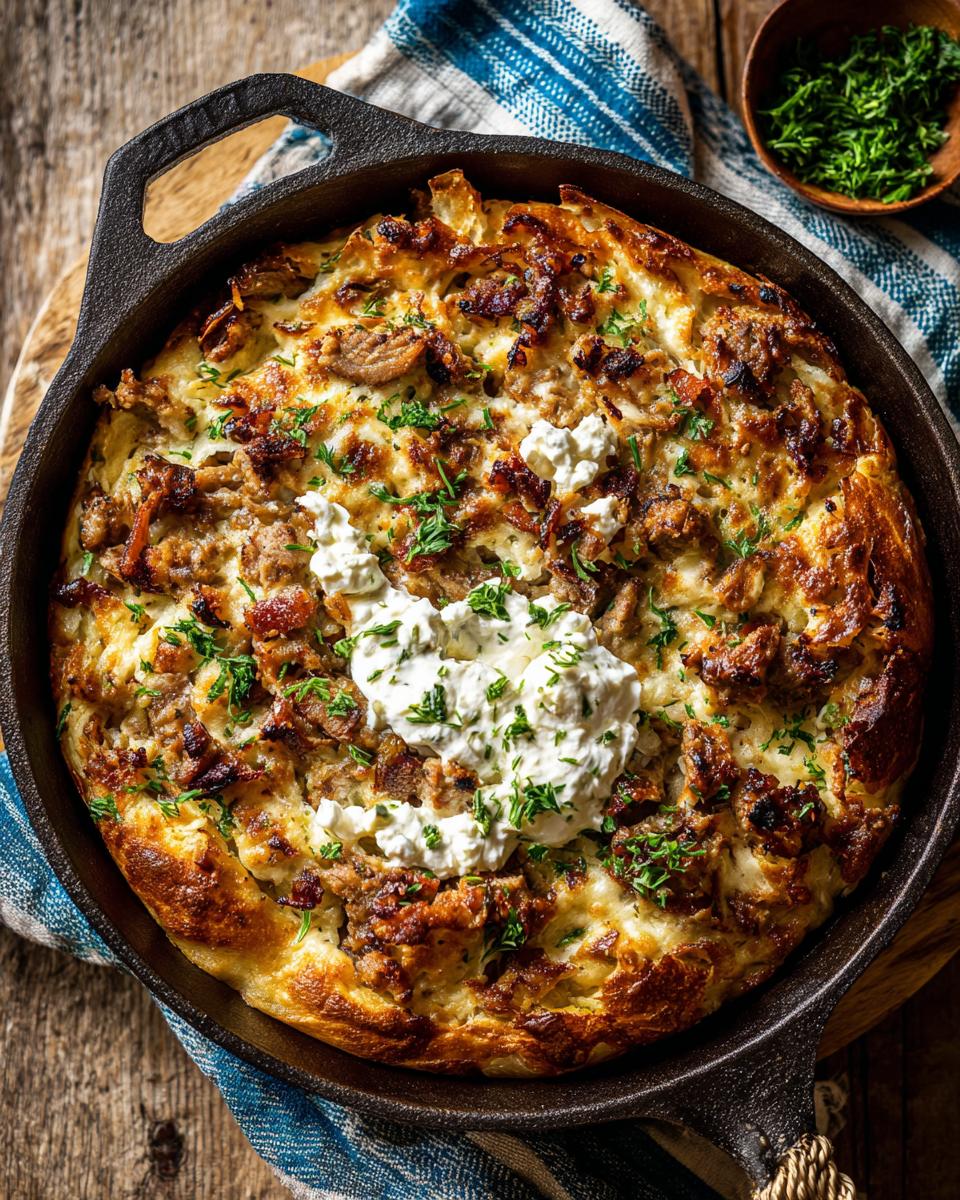 Overhead view of a Gyros-Pfanne mit Frischkäse – Sommerlich cremig, topped with fresh herbs.