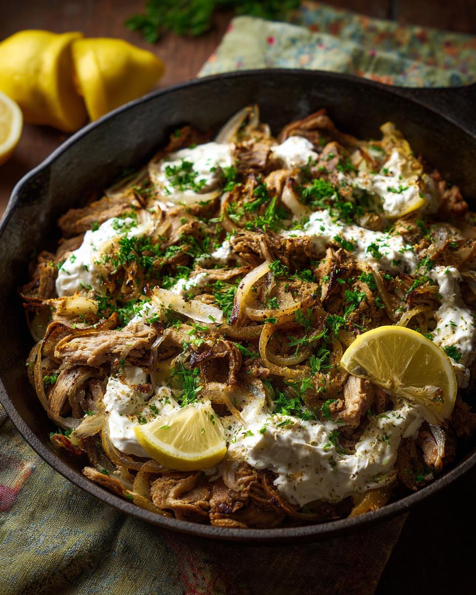 Close-up of Gyros-Pfanne mit Frischkäse, featuring gyros meat, onions, fresh cheese, and lemon wedges in a skillet.