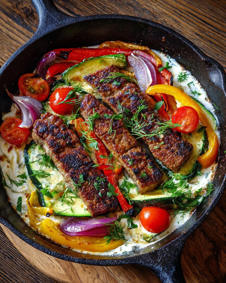 Gyros-Pfanne mit Frischkäse, serviert in einer gusseisernen Pfanne mit Gemüse und frischen Kräutern.
