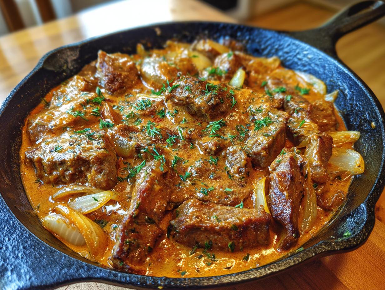 Close-up of Gyros-Pfanne mit Frischkäse, a creamy German gyros skillet dish with fresh cheese and onions.
