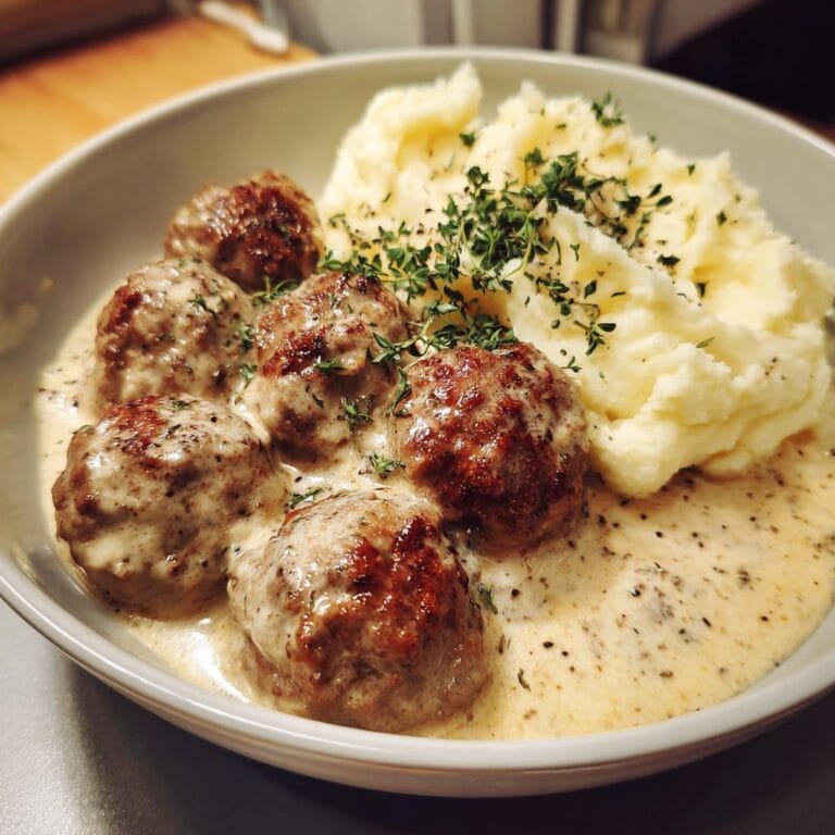 Delicious Hackbällchen in cremiger Sauce mit Kartoffelpüree, garnished with fresh herbs.