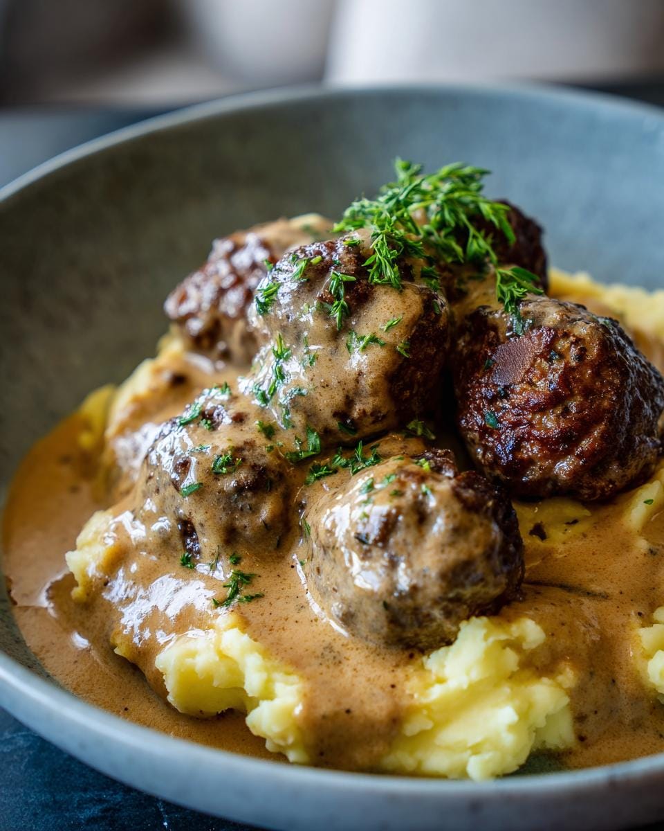 Delicious Hackbällchen in cremiger Sauce mit Kartoffelpüree, garnished with fresh herbs.