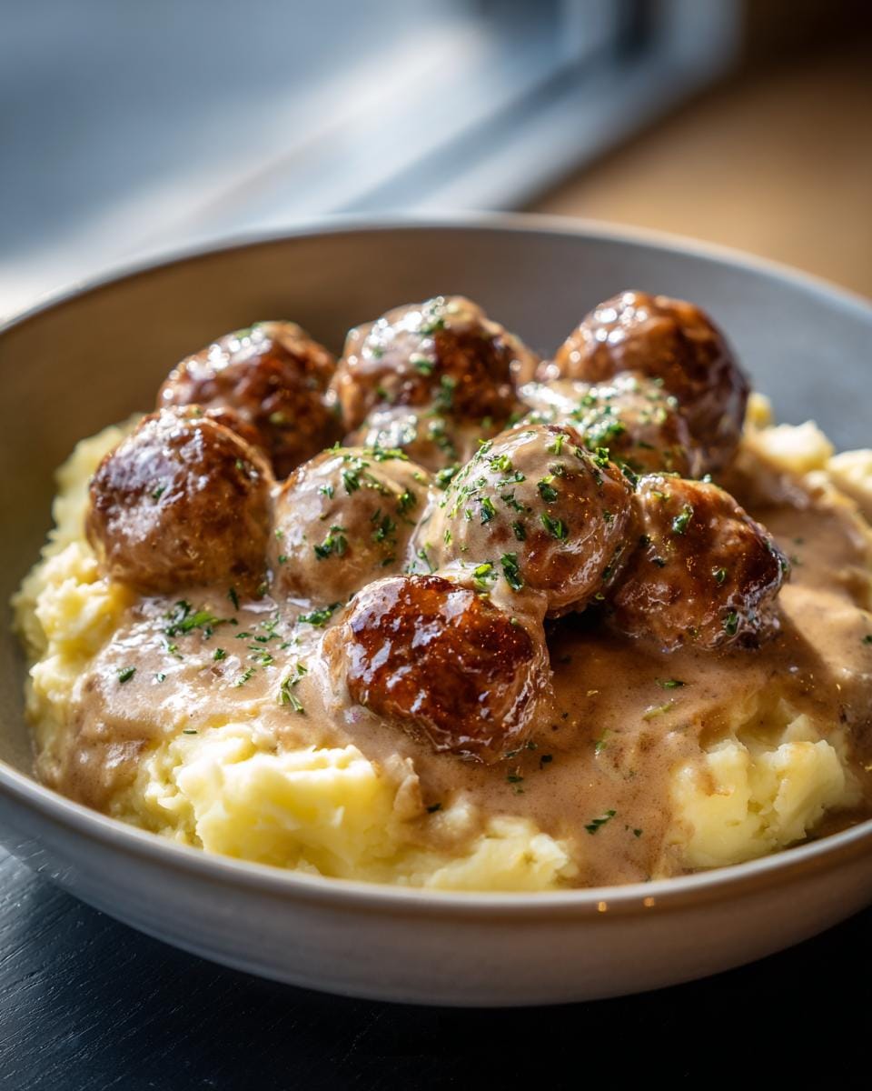 Close-up of Hackbällchen in cremiger Sauce mit Kartoffelpüree, garnished with parsley.