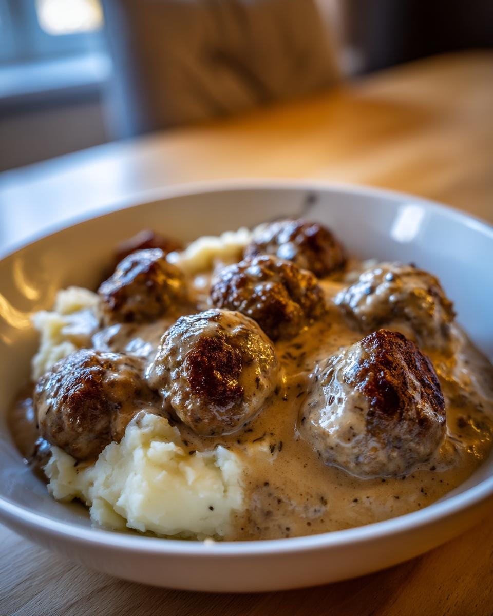 Close-up of Hackbällchen in cremiger Sauce mit Kartoffelpüree served in a white bowl.