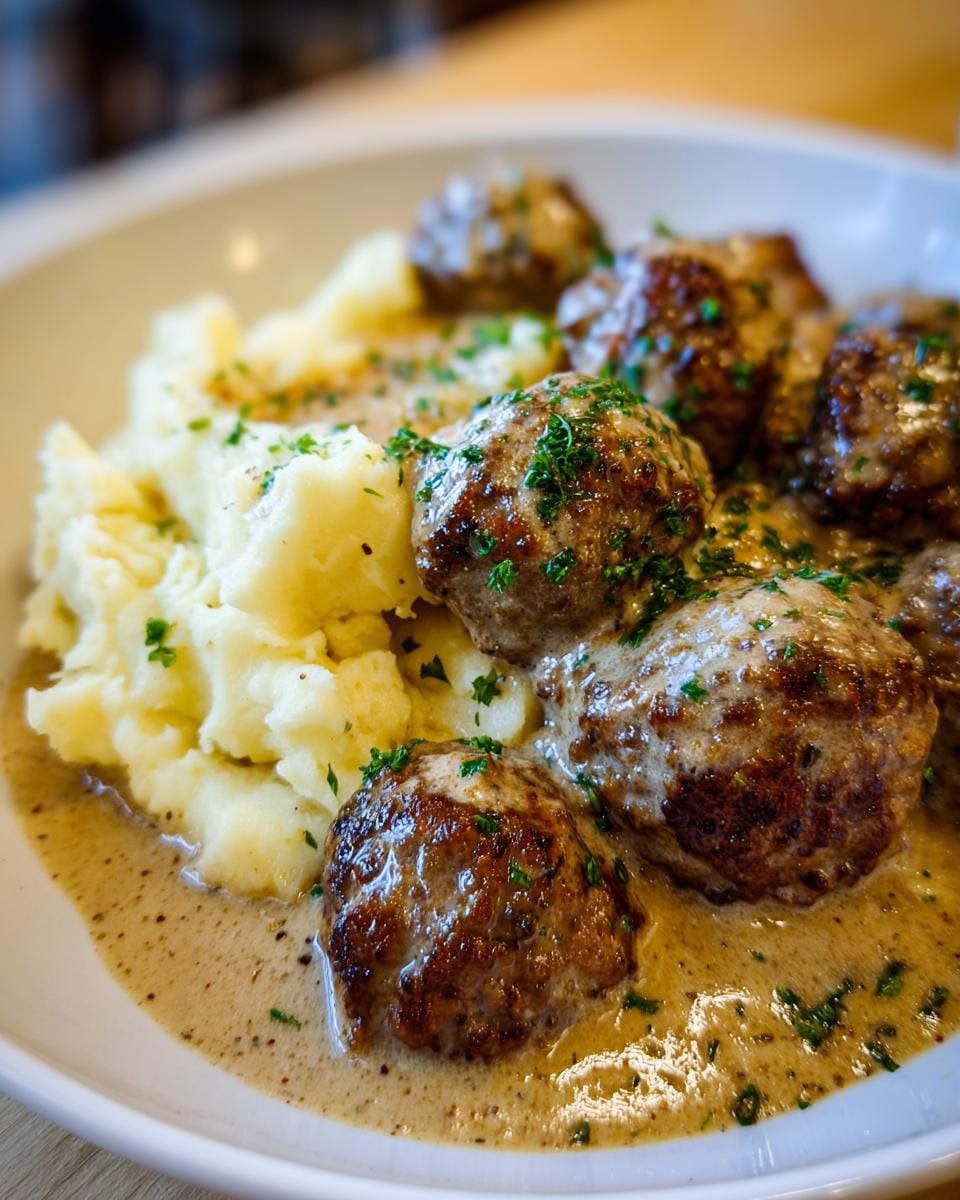 Delicious Hackbällchen in cremiger Sauce mit Kartoffelpüree, garnished with fresh parsley.