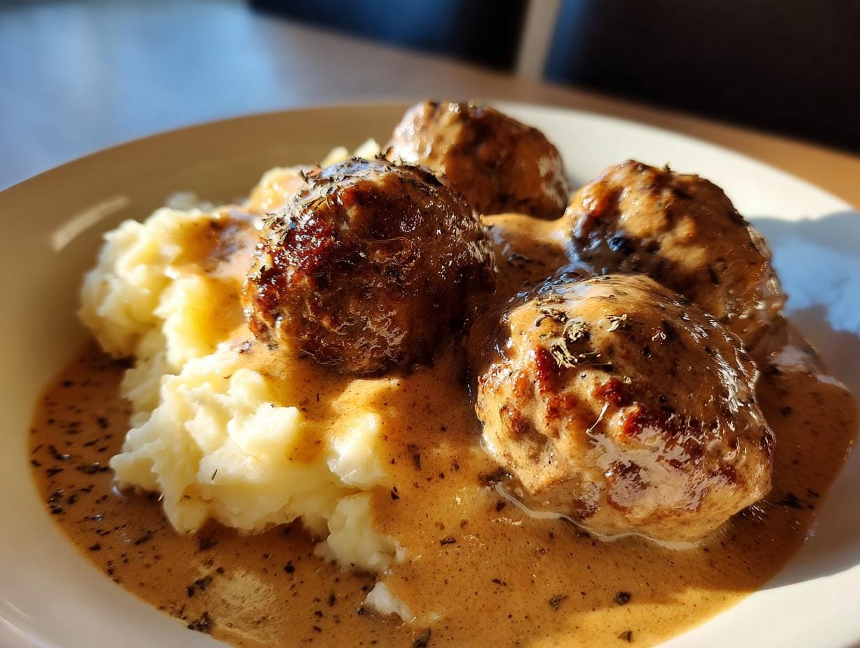 Delicious Hackbällchen in cremiger Sauce mit Kartoffelpüree served on a white plate.